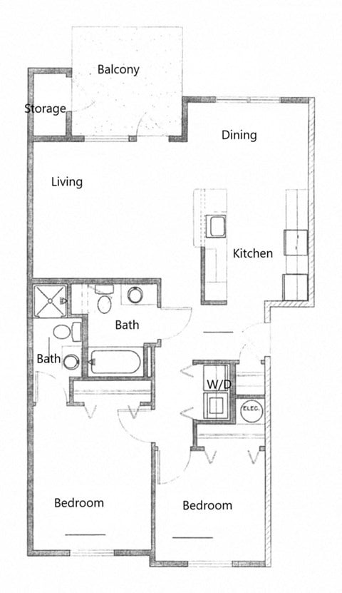Floor plan for 2 beds, 2 baths, 963 sqft